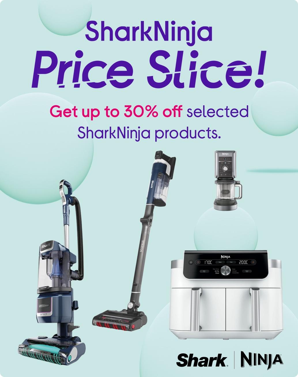Images of 2 SHARK upright vacuum cleaners, NINJA air fryer & NINJA Creami plus Shark Ninja logo