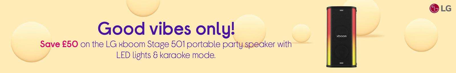 Imagery of LG xboom Stage501 portable party speaker with logo
