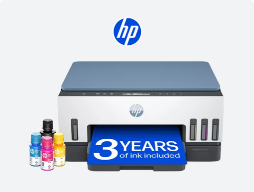 Imagery of HP printer plus logo.