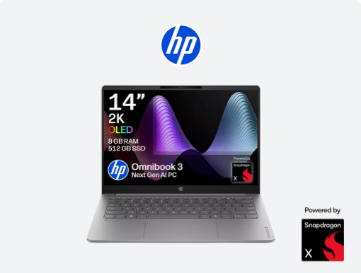 Imagery of HP Omnibook 3 laptop. Plus HP logo and Snapdragon badge.