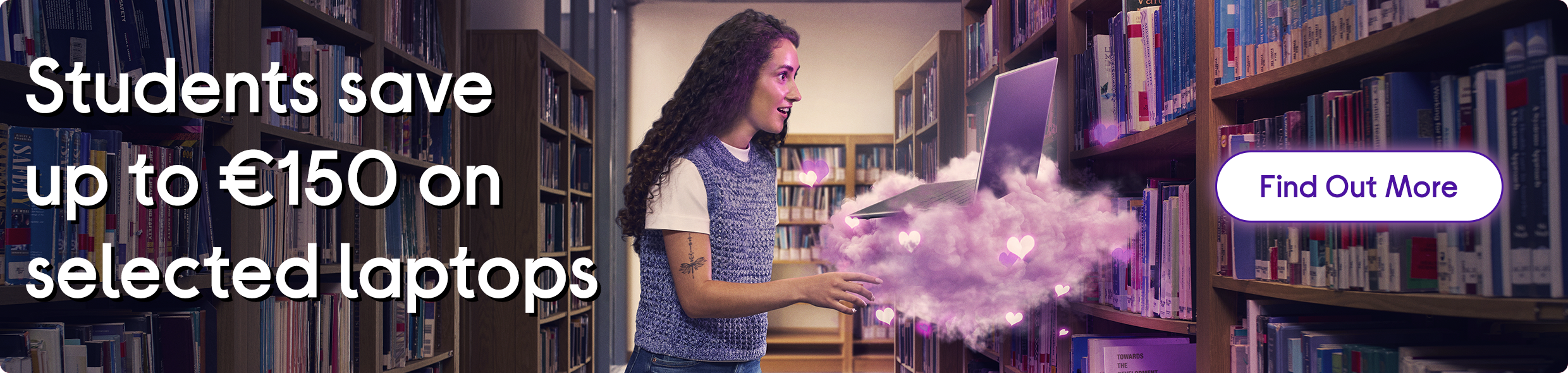 A student using a laptop floating on a pink cloud in a college library