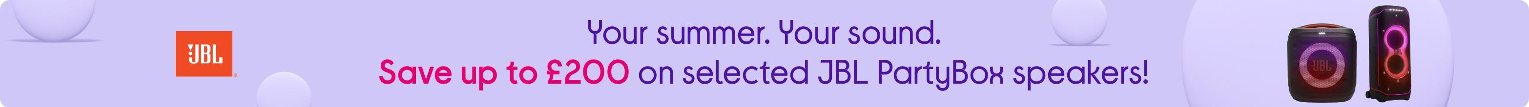 Your summer. Your sound. Save up to £200 on selected JBL PartyBox speakers!