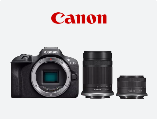 Imagery of Canon R100 Twin mirrorless camera with logo.