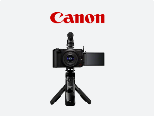 Imagery of Canon R50 V mirrorless camera with logo.