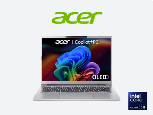Imagery of Acer Aspire 14 Copilot+ PC. Plus Acer logo and intel 5 badge.