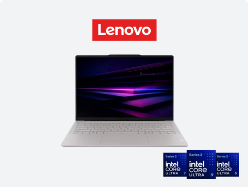 Imagery of Lenovo Yoga laptop. Plus Lenovo logo and  Intel Core Ultra family badge