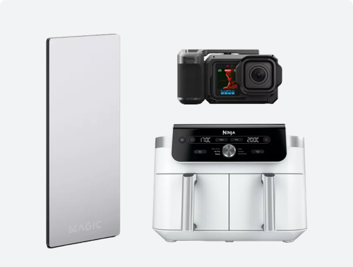 MAGIC AI Fitness Mirror, GOPRO MISSION Action Camera Grip Edition and NINJA Air Fryer White.