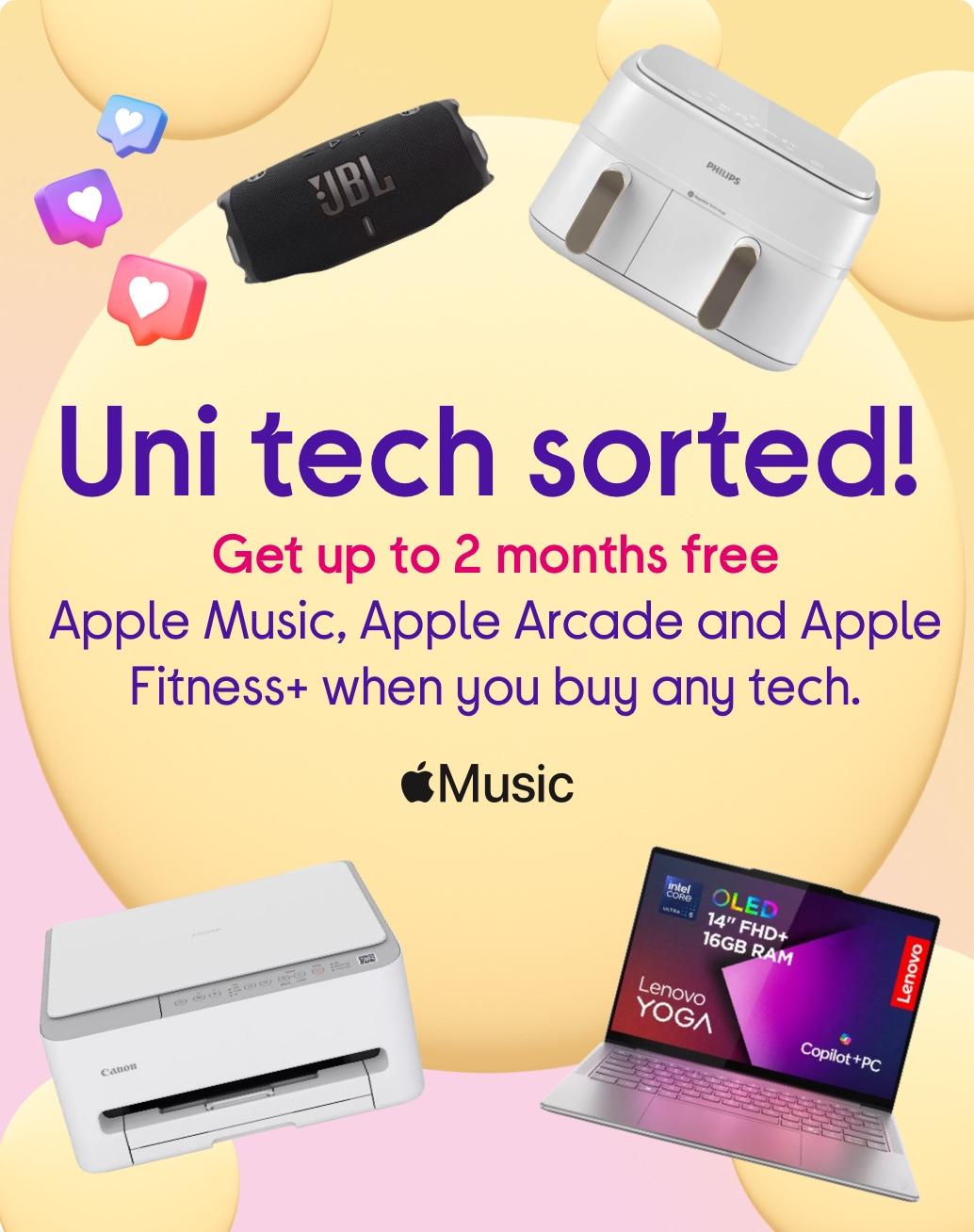 Images of  Apple Music, Apple Arcade and Apple Fitness+ when you buy any tech.