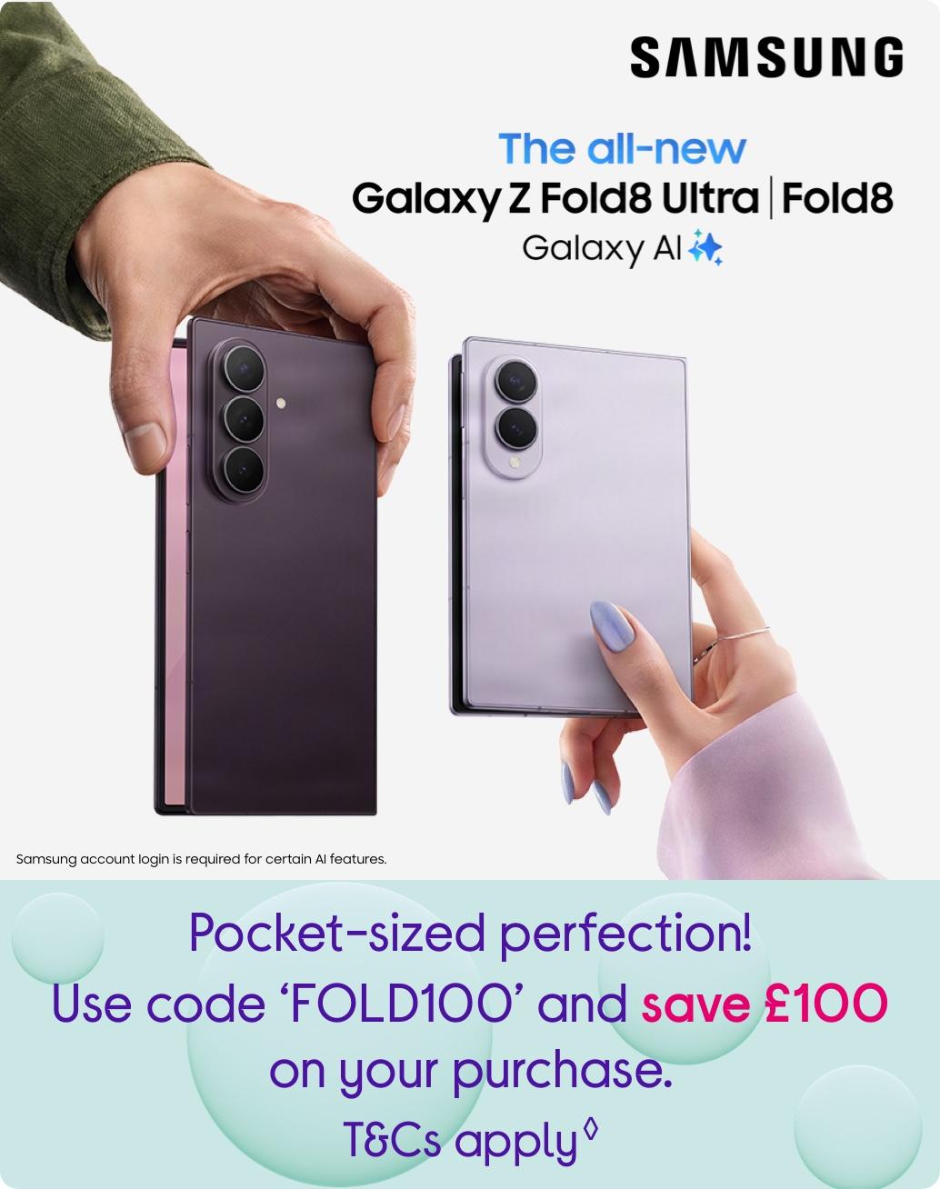 Image of Samsung Galaxy Z Fold 8 phone plus Samsung logo