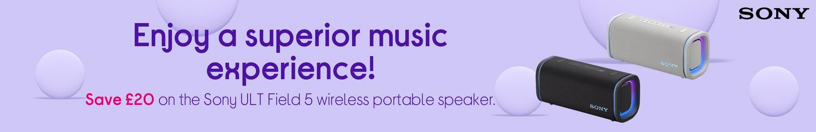 Imagery of Sony ULT Field 5 wireless portable speaker with logo.