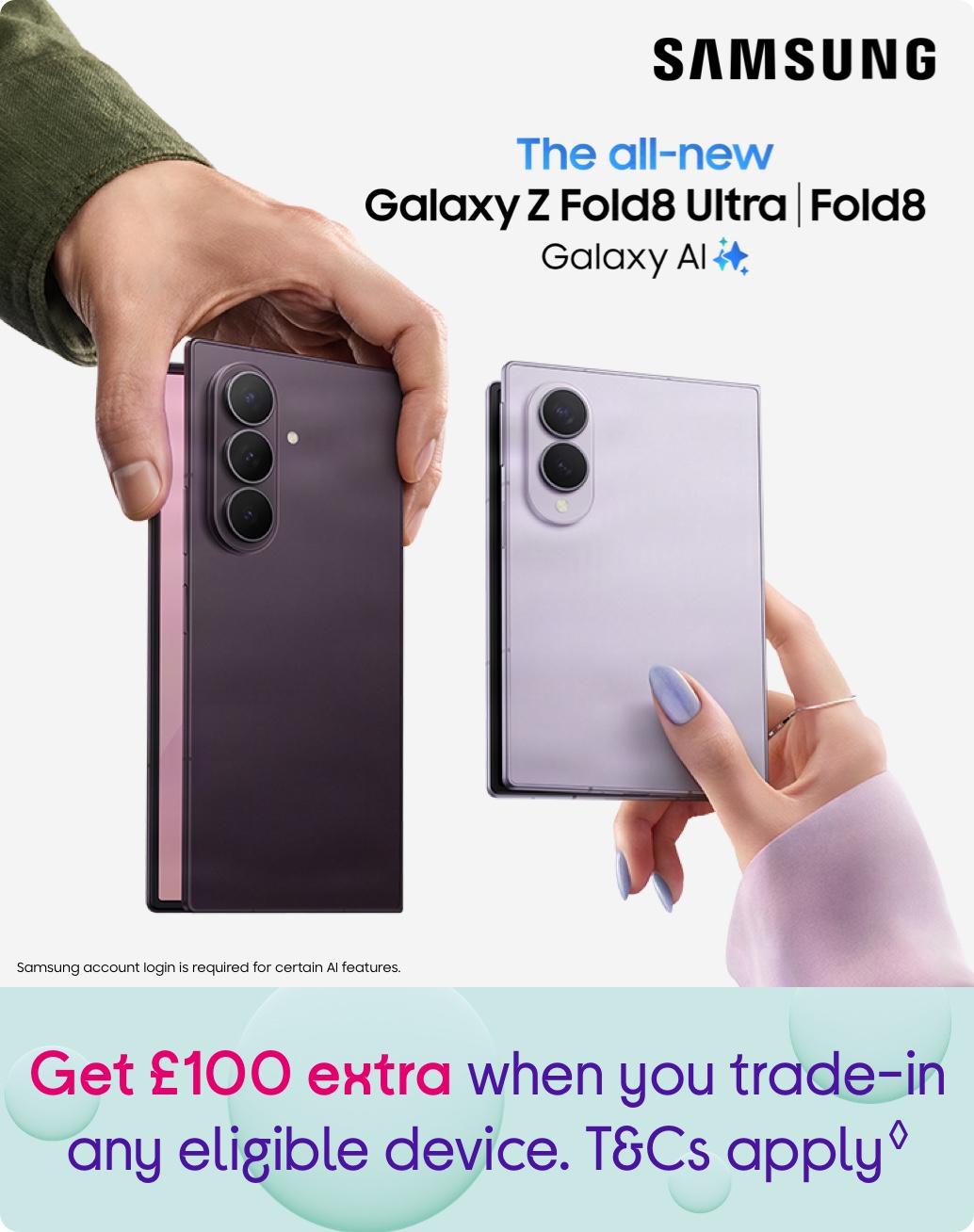 Image of Samsung Galaxy Z Fold 8 phone plus Samsung logo