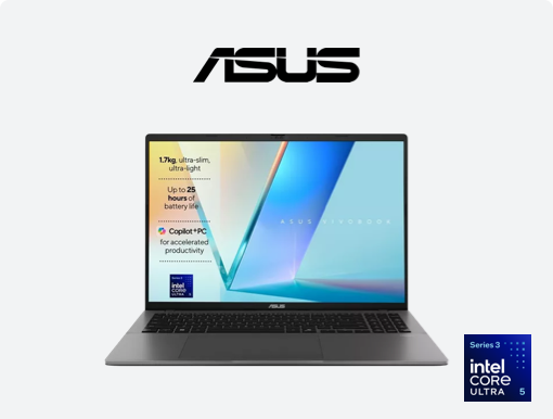 Imagery of ASUS Vivobook S16 OLED. Plus Asus logo and intel Core Ultra 5 Series 3 badge.