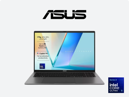 Imagery of ASUS Vivobook S16 OLED. Plus Asus logo and intel Core Ultra 5 Series 3 badge.