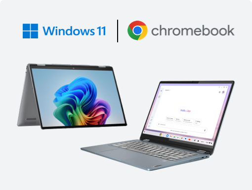 Image of HP Envy x360 & Lenovo IdeaPad Flex 5 laptops. Plus Chrombook & Windows 11 logo's