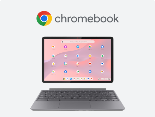 Imagery of 2-in-1 Lenovo Chromebook Duet. Plus Chromebook logo