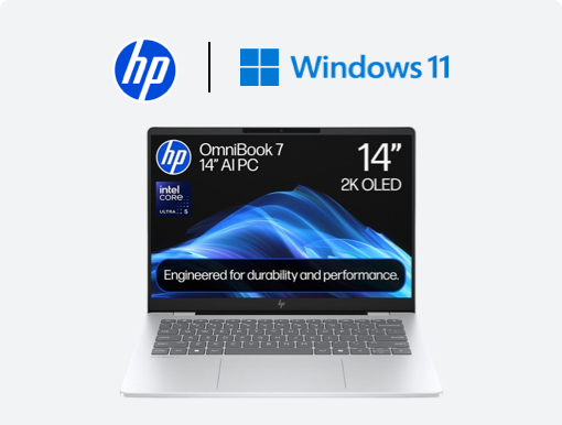 Imagery of HP OmniBook 7. Plus HP and Windows 11 logo's