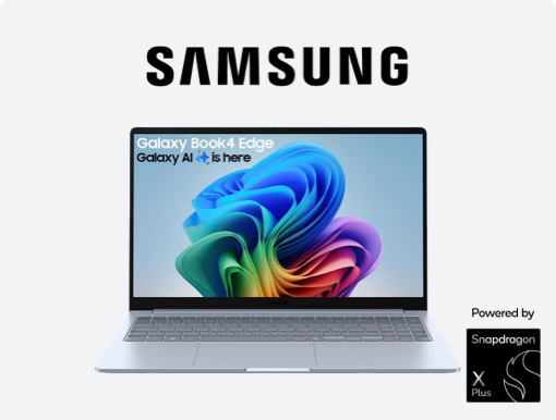 Imagery of Samsung Galaxy Book4 Edge. Plus Samsung and Snapdragon X Plus logo's