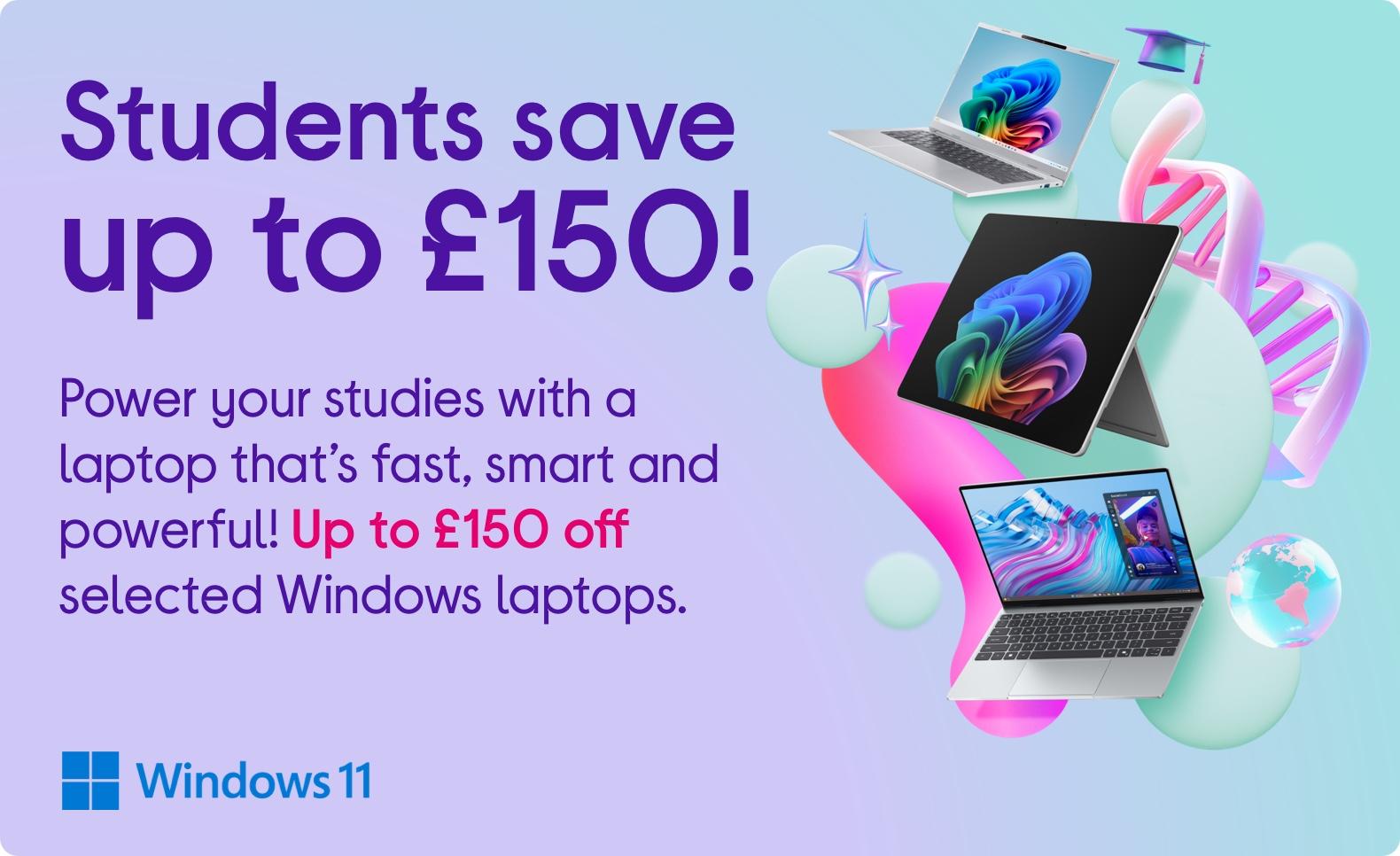 Images of 3 Windows 11 laptops. Plus Windows 11 logo.