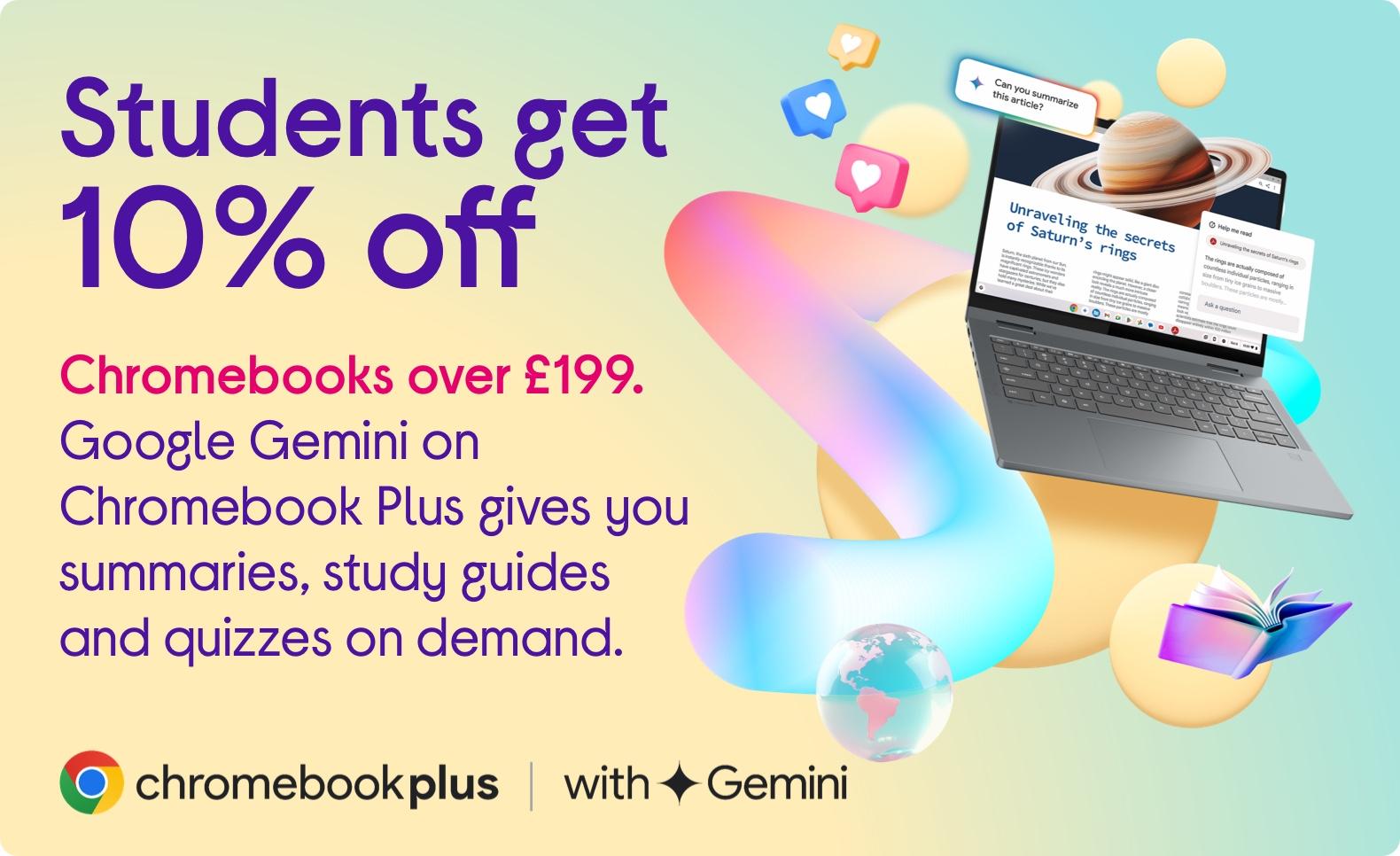 Image of Chromebook Plus laptop. Plus Chromebook Plus with Gemini logo.