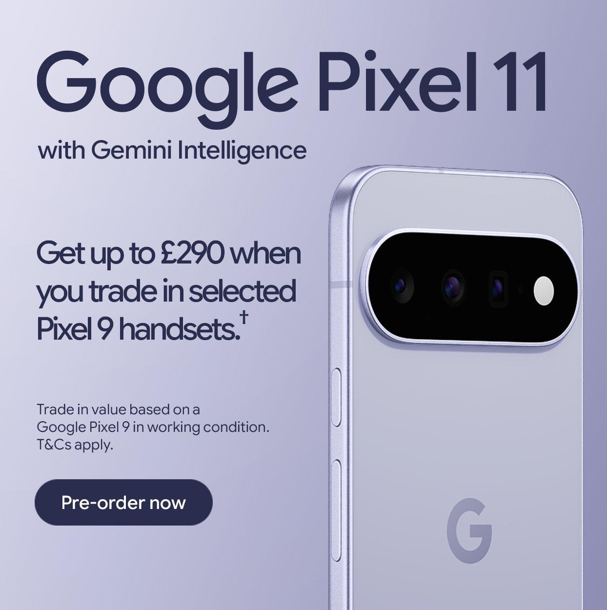 Image of Google Pixel 11 mobile phone. Plus Google Pixel 11 logo.