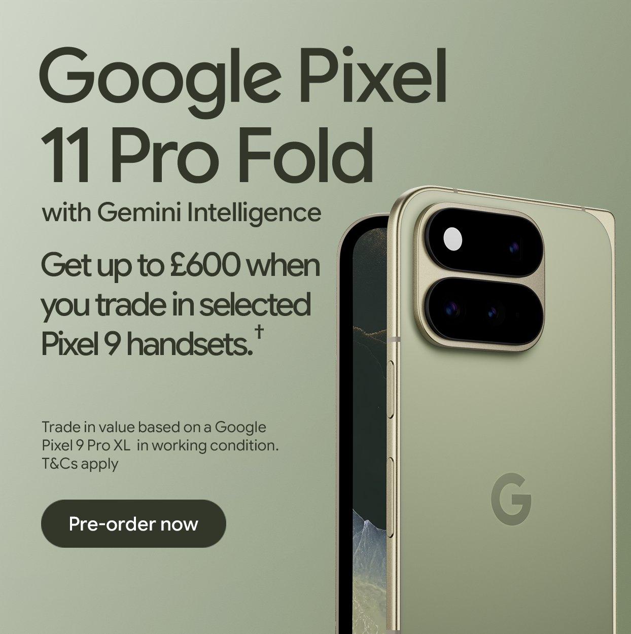 Image of Google Pixel 11 Pro Fold mobile phone. Plus Google Pixel 11 Pro Fold logo.