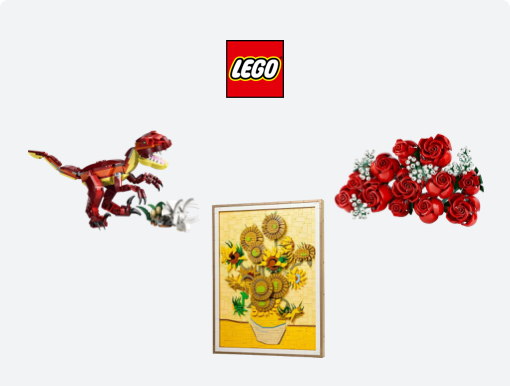 Imagery of LEGO sets with logo.