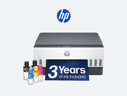 Imagery of HP printer plus logo.