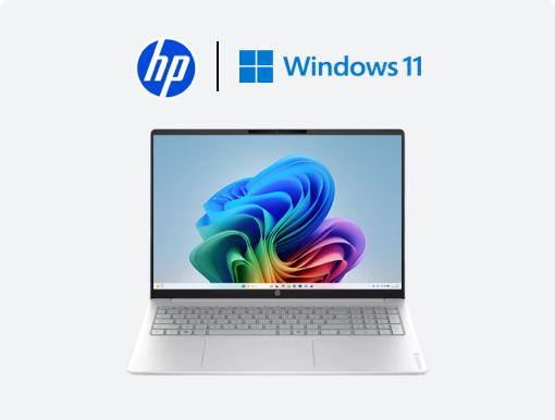 Imagery of HP OmniBook 3. Plus HP & Windows11 logo.