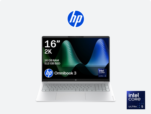 Imagery of HP OmniBook 3. Plus Windows11 logo and Intel 5 badge.