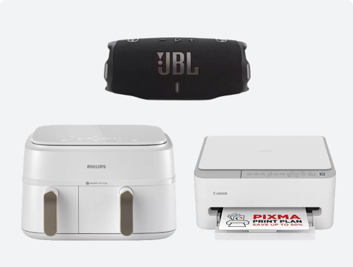 CANON PIXMA All-in-One Wireless Inkjet Printer, PHILIPS Series Dual Basket Air Fryer with logo.