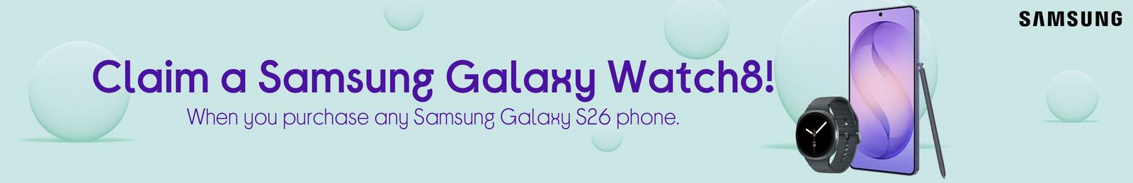 Image of Samsung Galaxy S26 Ultra with Samsung Galaxy watch and Logo