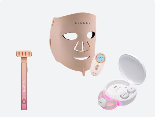 SENSSE SNSE30 Elite LED Face Mask, LUSTRE GoGlow LED Under Eye Patches with logo.