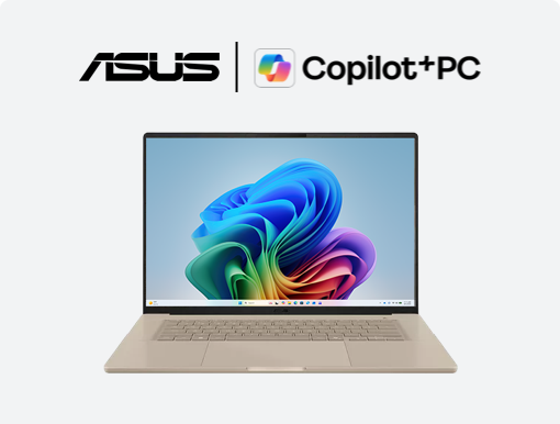 Imagery of ASUS Zenbook A16 laptop. Plus ASUS & Copilot+ PC logo.