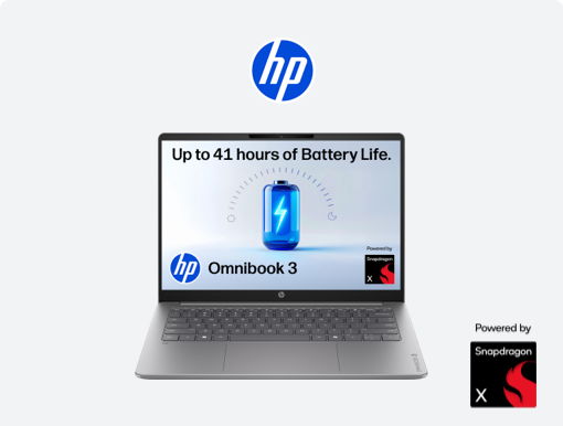 Imagery of HP OmniBook 3 laptop plus HP logo and Snapdragon badge.