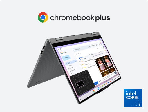 Imagery of Lenovo Chromebook laptop. Plus Chromebook Plus logo and intel badge.