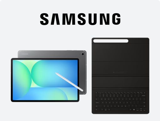 Imagery of Samsung Galaxy Tab S10 FE with book cover plus logo.