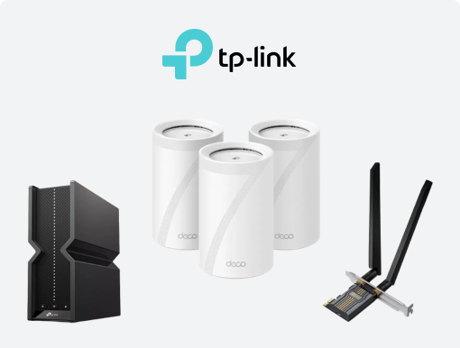 Imagery of TP Link WiFi 7 products plus logo.