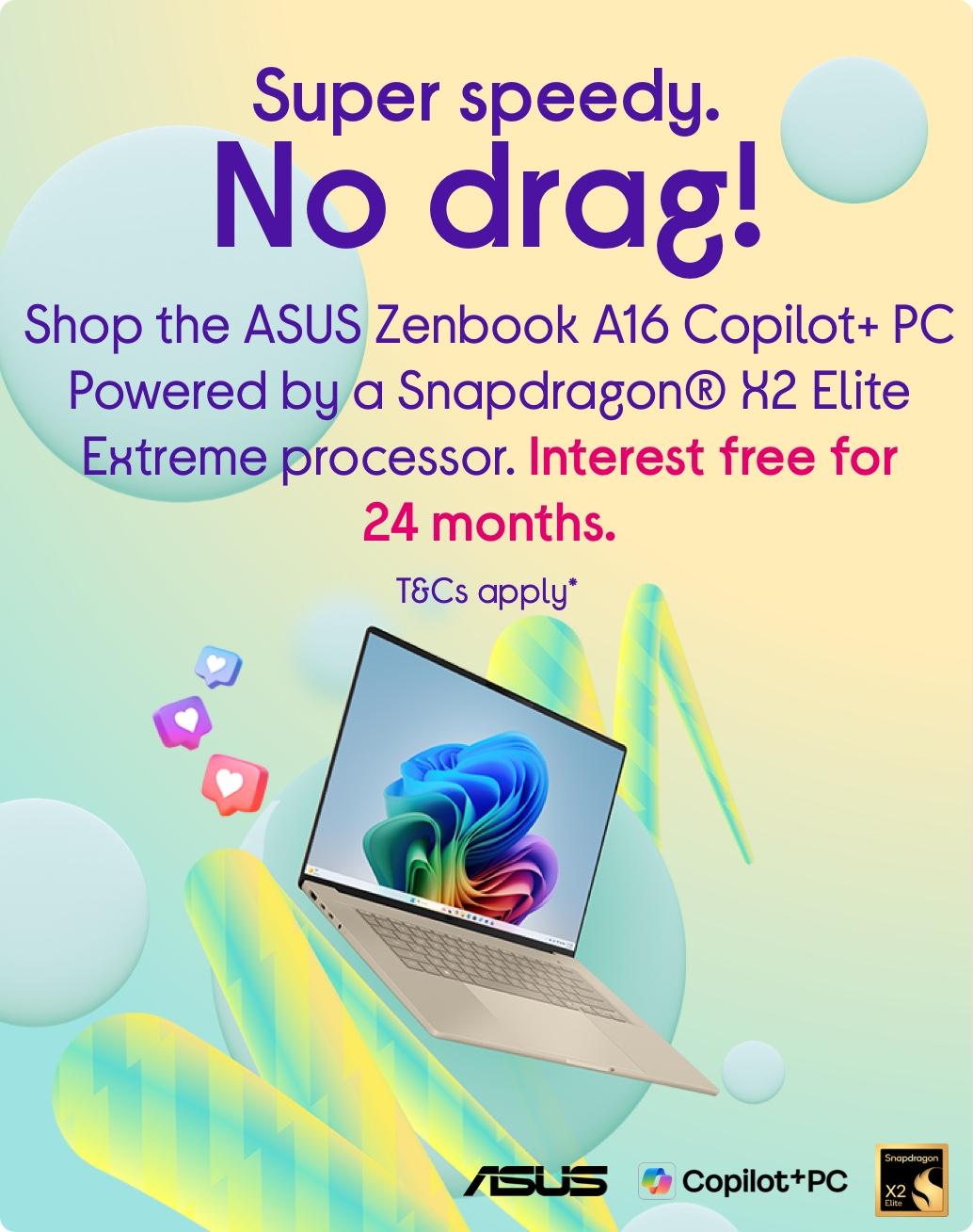 Image of ASUS laptop. And logo's of Snapdragon, ASUS & Co-Pilot+ PC
