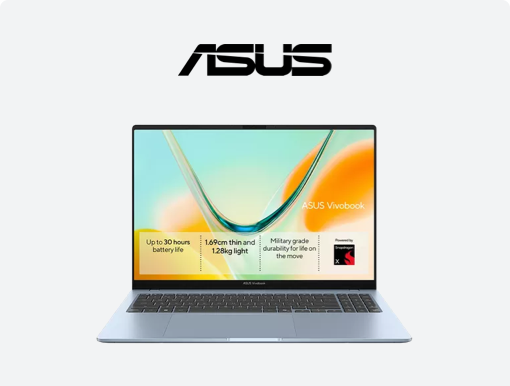 Imagery of ASUS Vivobook S16 laptop. Plus ASUS logo.