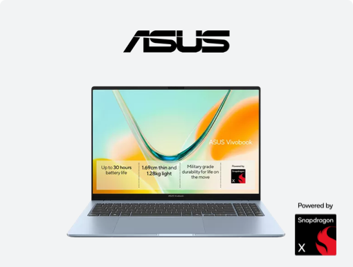 Imagery of ASUS Vivobook S16 laptop. Plus ASUS logo.