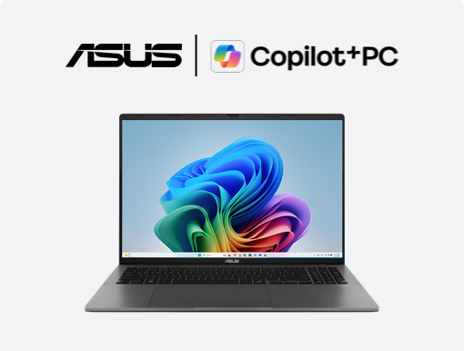 Imagery of ASUS Vivobook S16 laptop. Plus ASUS & Copilot+ PC logo.