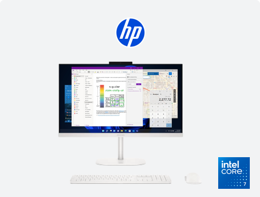 Imagery of HP OmniStudio desktop plus HP logo and intel 7 badge.