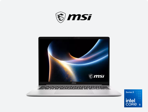 Imagery of MSI Modern 14S laptop plus MSI logo and intel 5 badge.