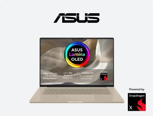 Imagery of ASUS Zenbook A16 laptop, plus Asus logo and snapdragon badge.