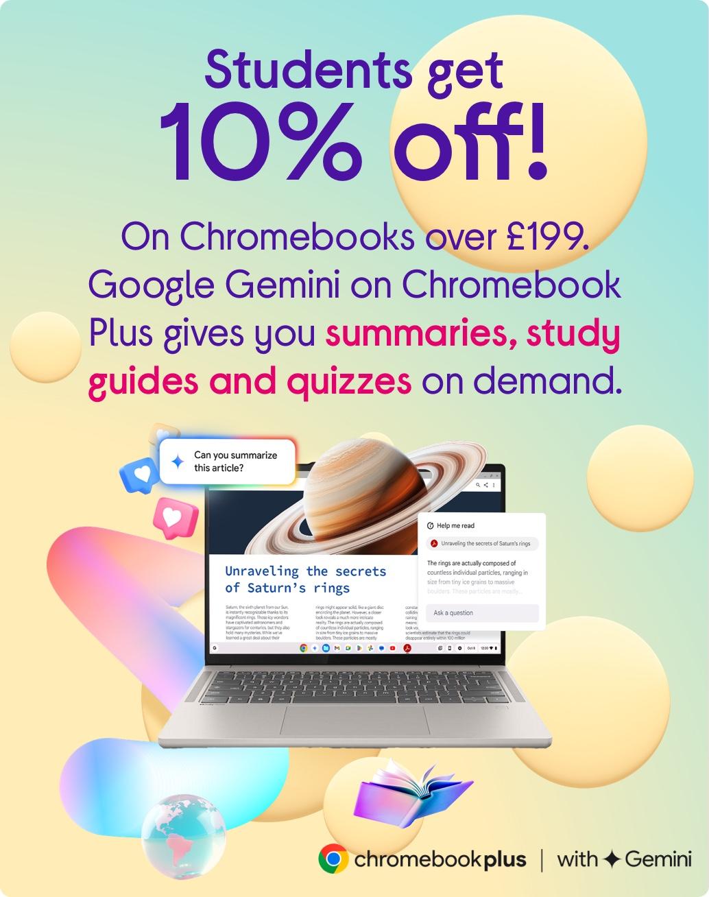 Image of Google Chromebook laptop. And logo's of Chromebook Plus with Gemini