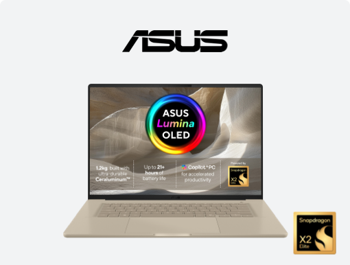 Imagery of ASUS Zenbook A16 laptop plus logo and AMD badge.