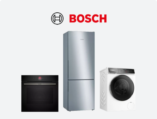 BOSCH Fridge Freezer, WiFi-enabled Spin Washing Machine, Electric Pyrolytic Smart Oven with Logo.