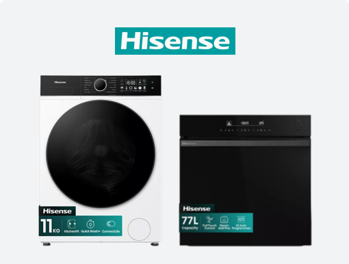 HISENSE AirFry Electric Pyrolytic Steam Smart Oven, HISENSE Series Spin Washing Machine with Logo.