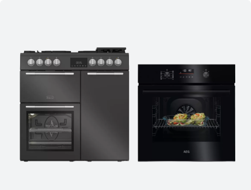 AEG Plug-in Electric Pyrolytic Oven, HOTPOINT Dual Fuel Range Cooker with AirFry with Logo.