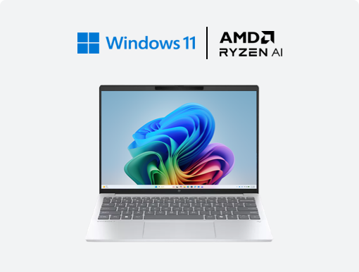 Imagery of laptop. Plus Windows 11 & AMD logo
